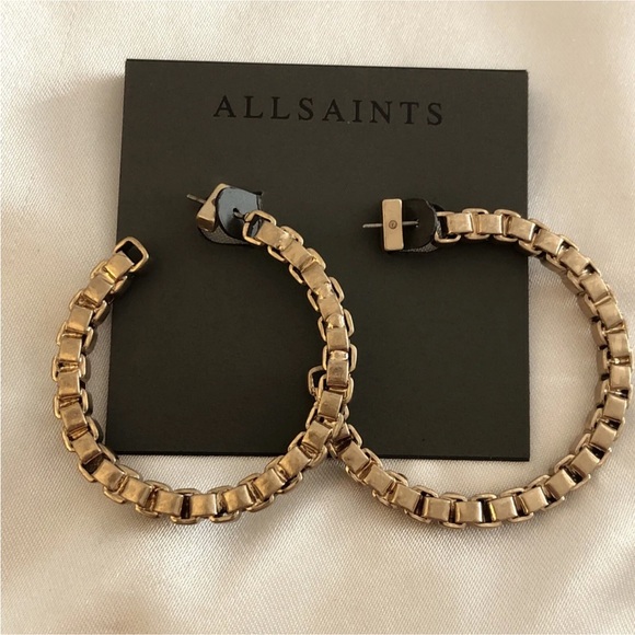 ALLSAINTS Gold Tone C-Shaped Link Chain Hoop Earrings NWT - Picture 8 of 12